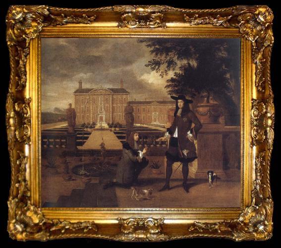 framed  unknow artist John Rose,the royal gardener,presenting a pineapple to Charles ii before a fictitious garden, ta009-2